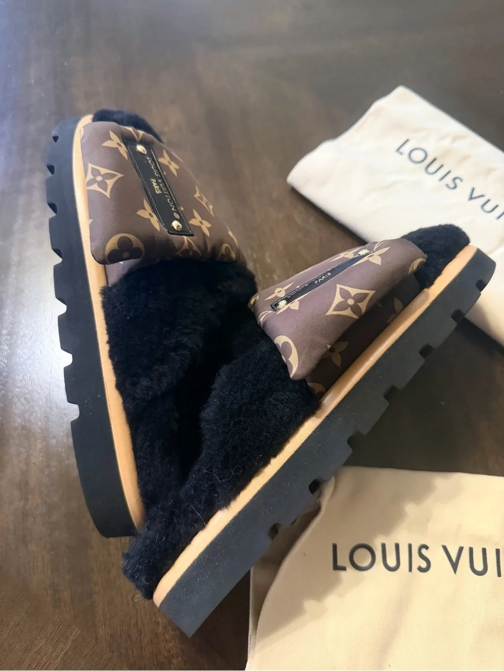 Louis Vuitton Brown/black Monogram pool pillow comfort Shearling mules 37 EUC